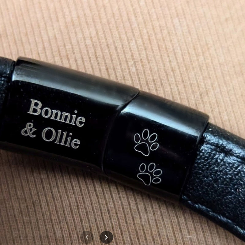 dogs names engraved on inside of mens leather bracelet clasp