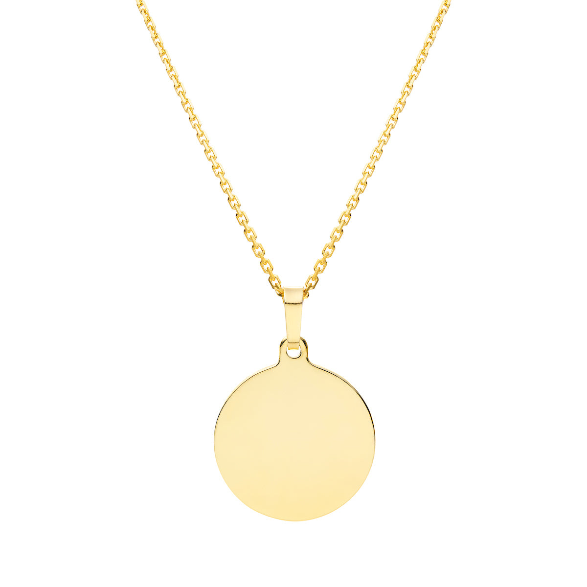 9ct solid gold 18mm disc pendant on cable chain. This necklace can be personalised by engraving both sides.