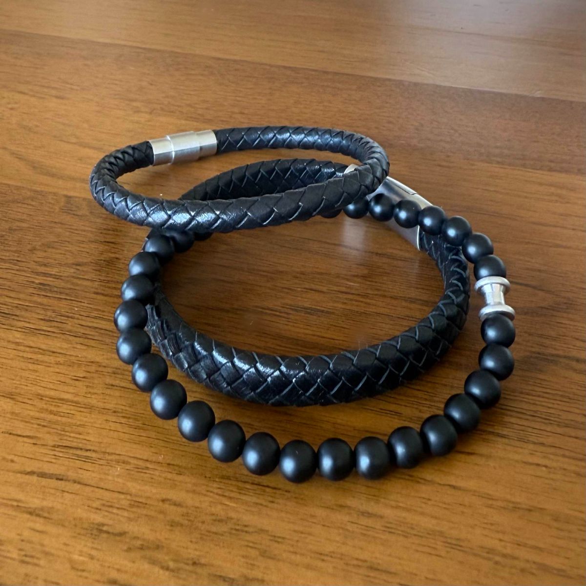 black leather bracelet set