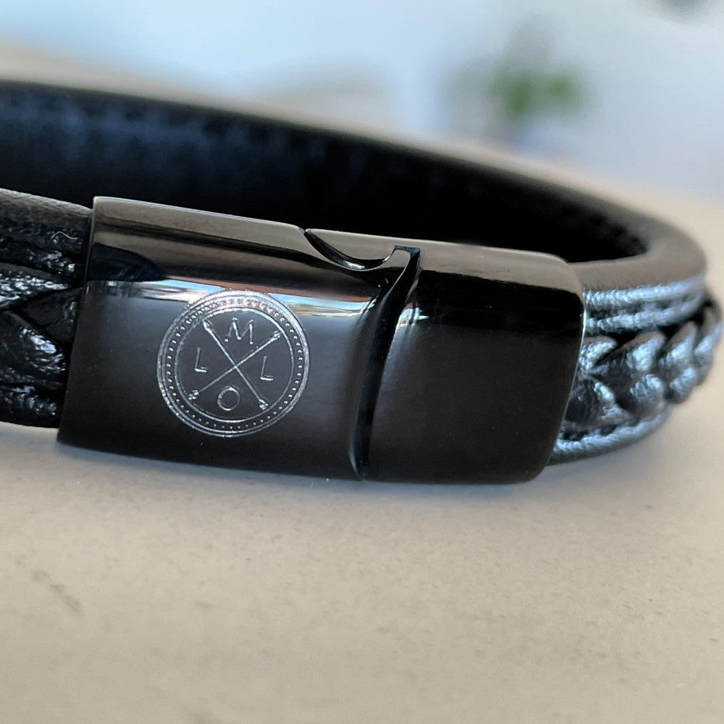 custom engraving on the clasp of mens black leather bracelet