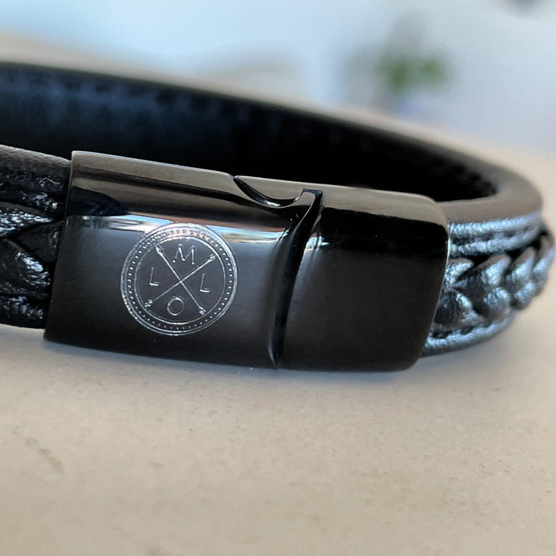 custom engraving on the clasp of mens black leather bracelet