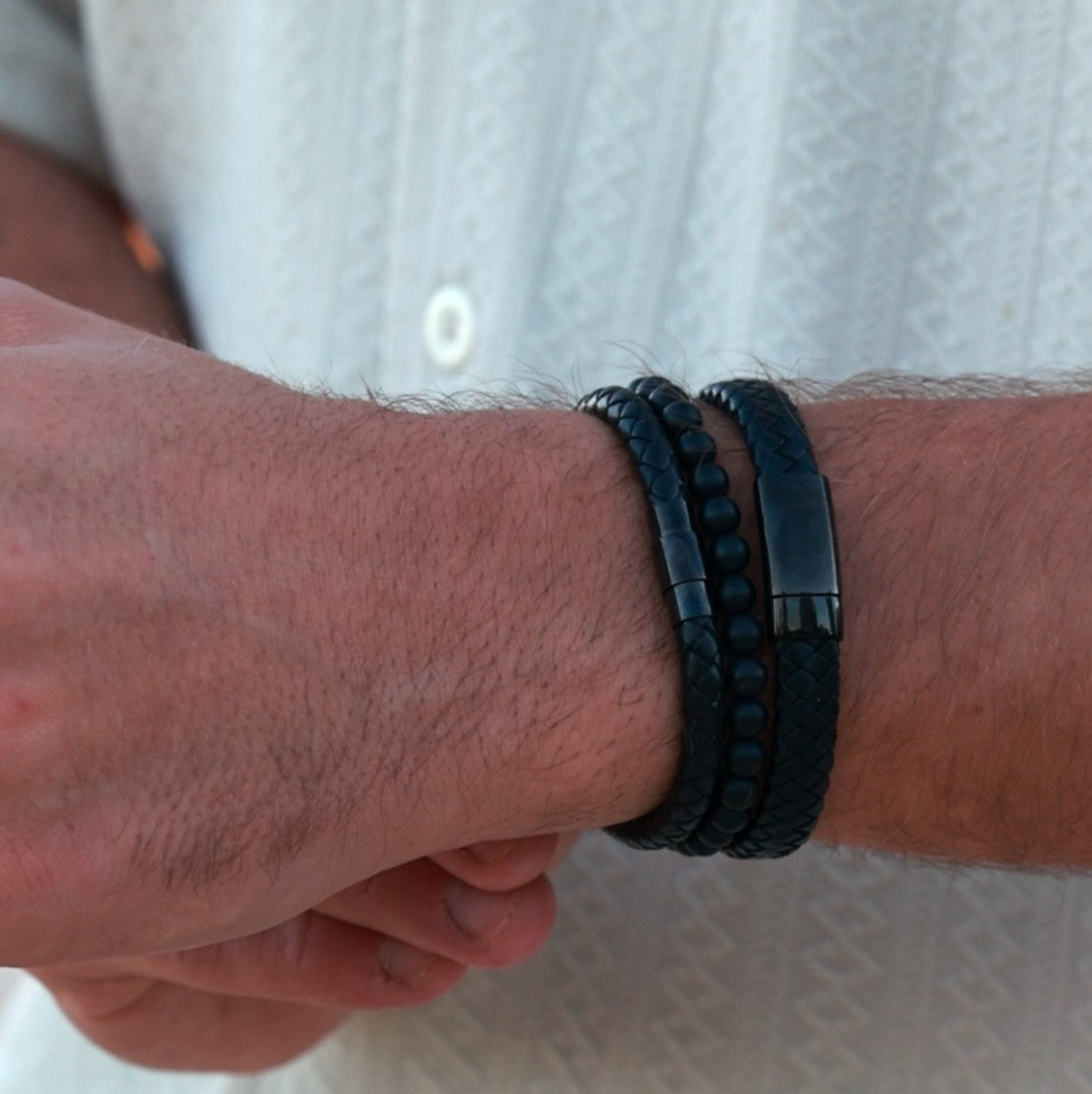 Engraved black leather bracelets for men – 3-piece stackable bracelet set with custom engraving from The Silver Store