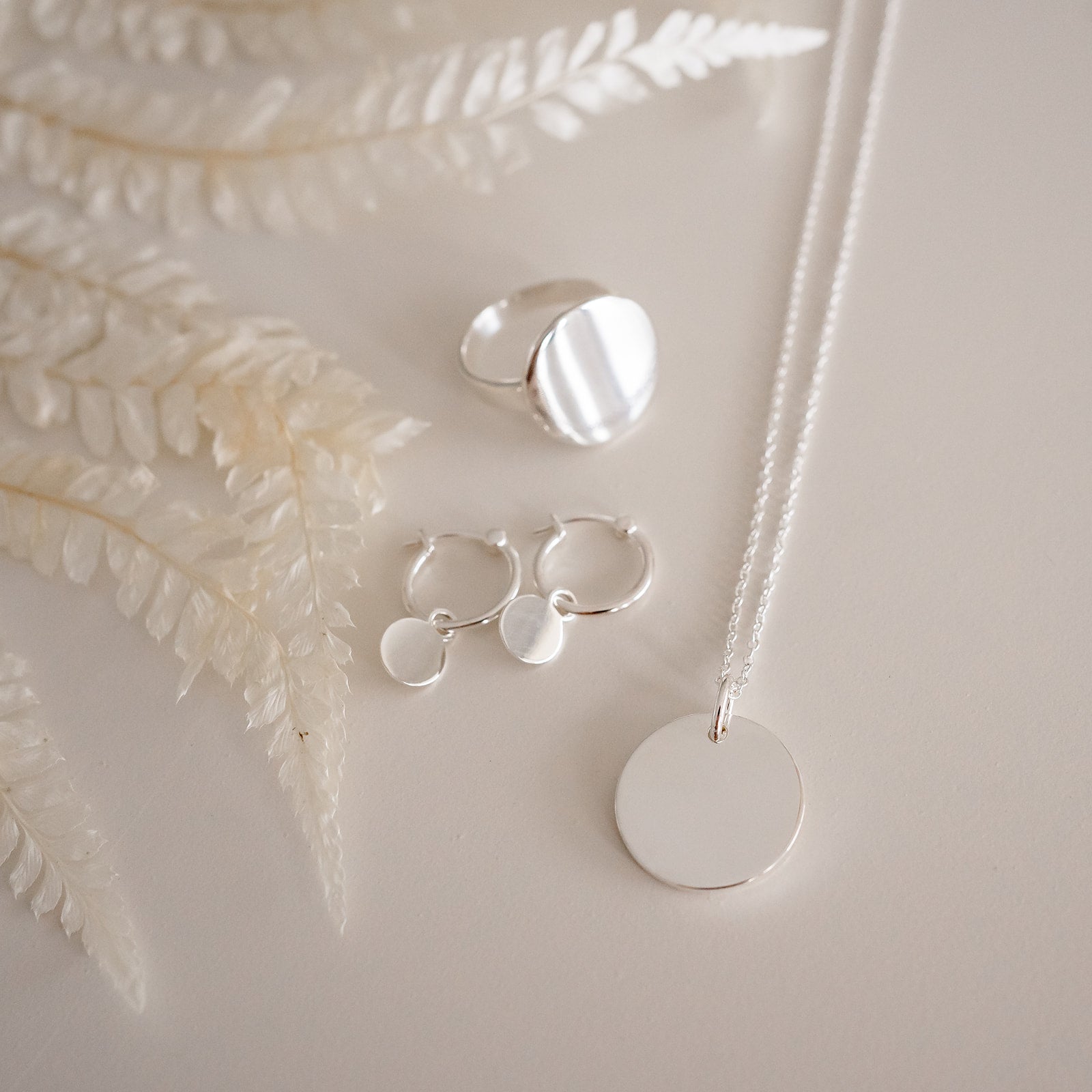 sterling silver 20mm disc pendant with cable chain , silver circle ring and disc earrings all can be engraved