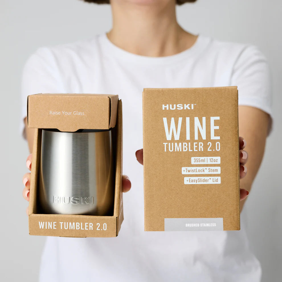 Front view of engraved Huski Wine Tumbler 2.0 in brushed stainless steel