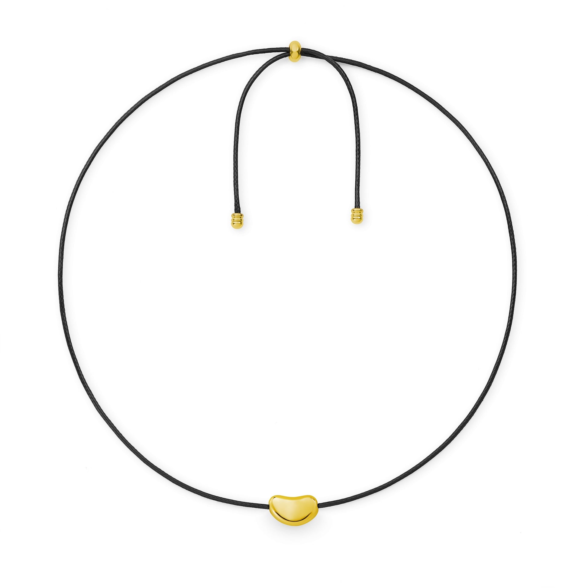 Necklace with a gold bean shaped pebble pendant on a black cord - can be engraved on back of pendant