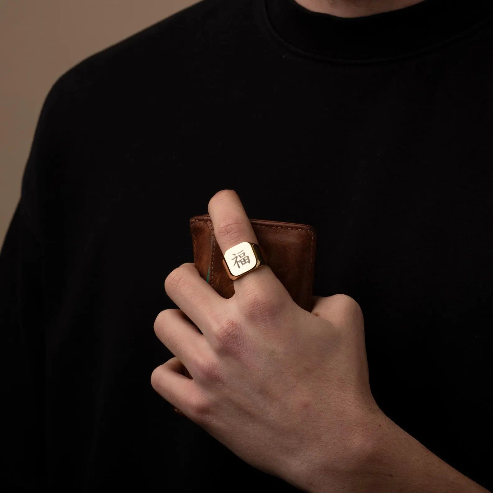 mens gold square signet ring engraved with chinese characer for luck