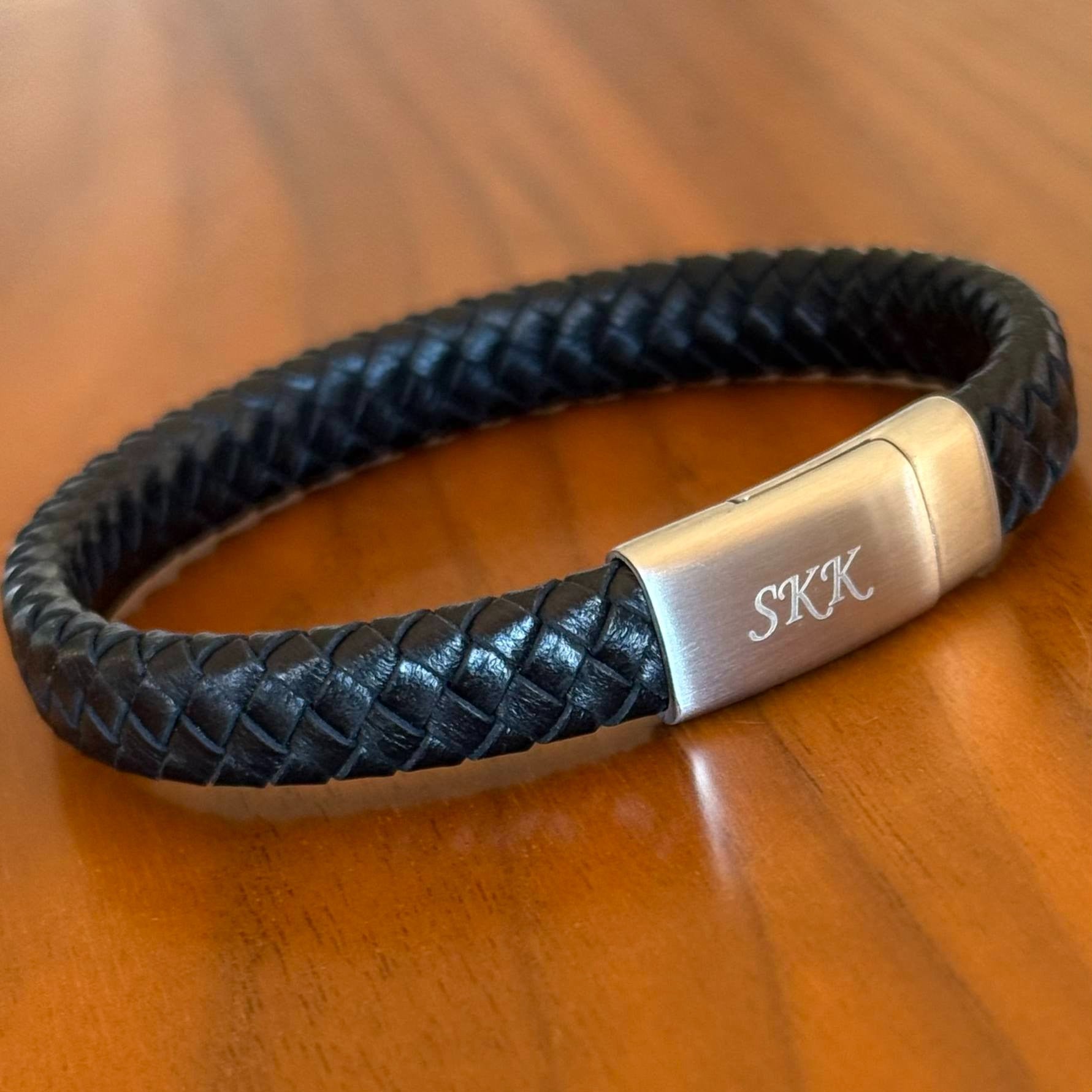 initaisl skk engraved on mens leather bracelet