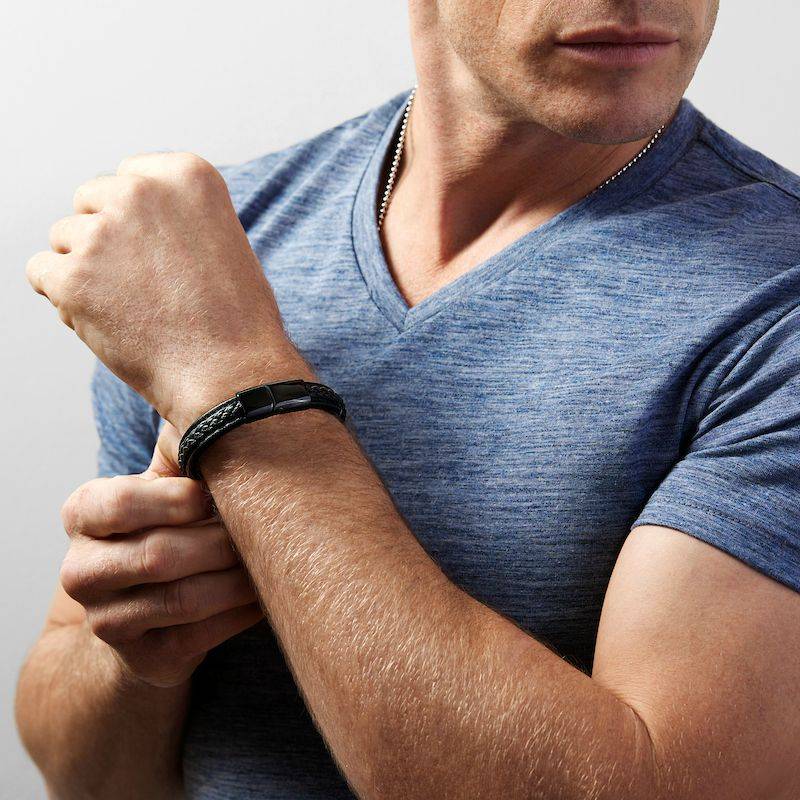 mens black leather bracelet - engrave the clasp
