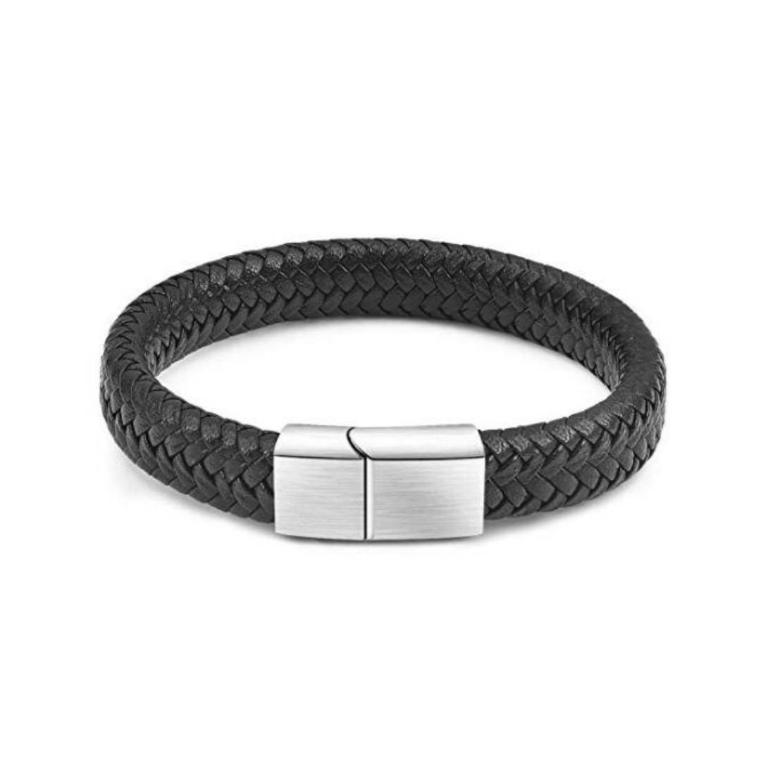 Engraved Mens Black Braided Leather Bracelet