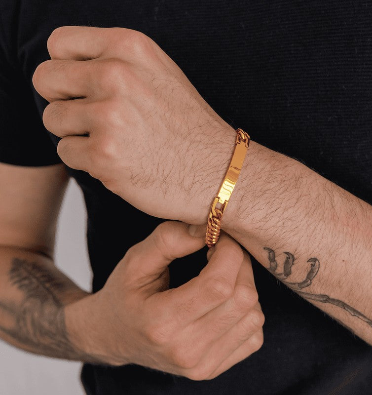 mens engraved identity bracelet gold coloured