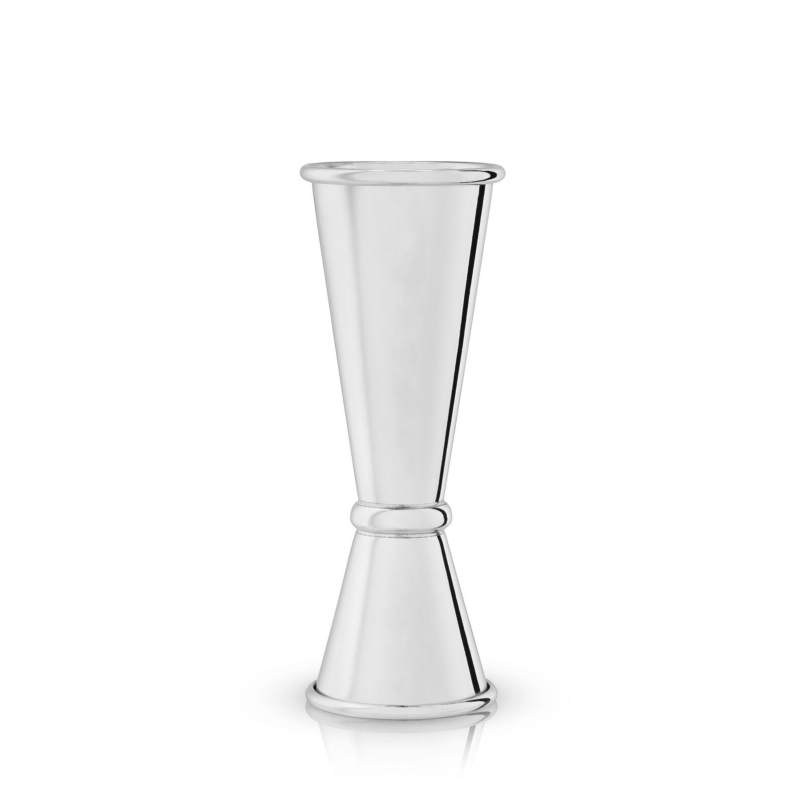 Polished stainless steel Viski Makoto jigger showcasing double-sided design for accurate measurements.