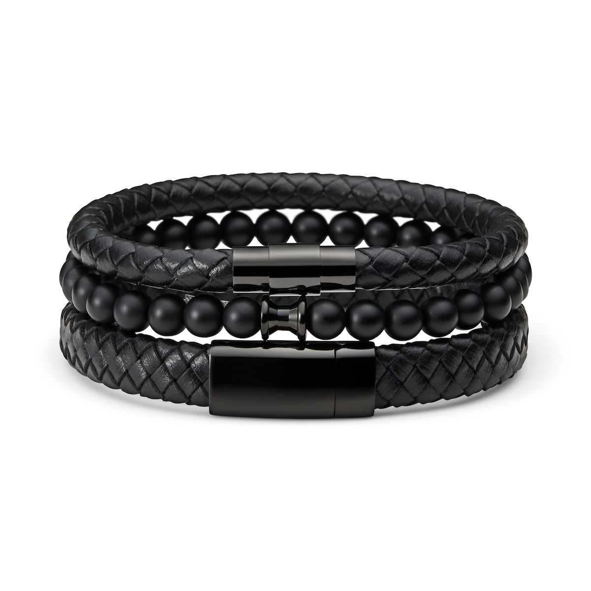 personalised black leather bracelet set