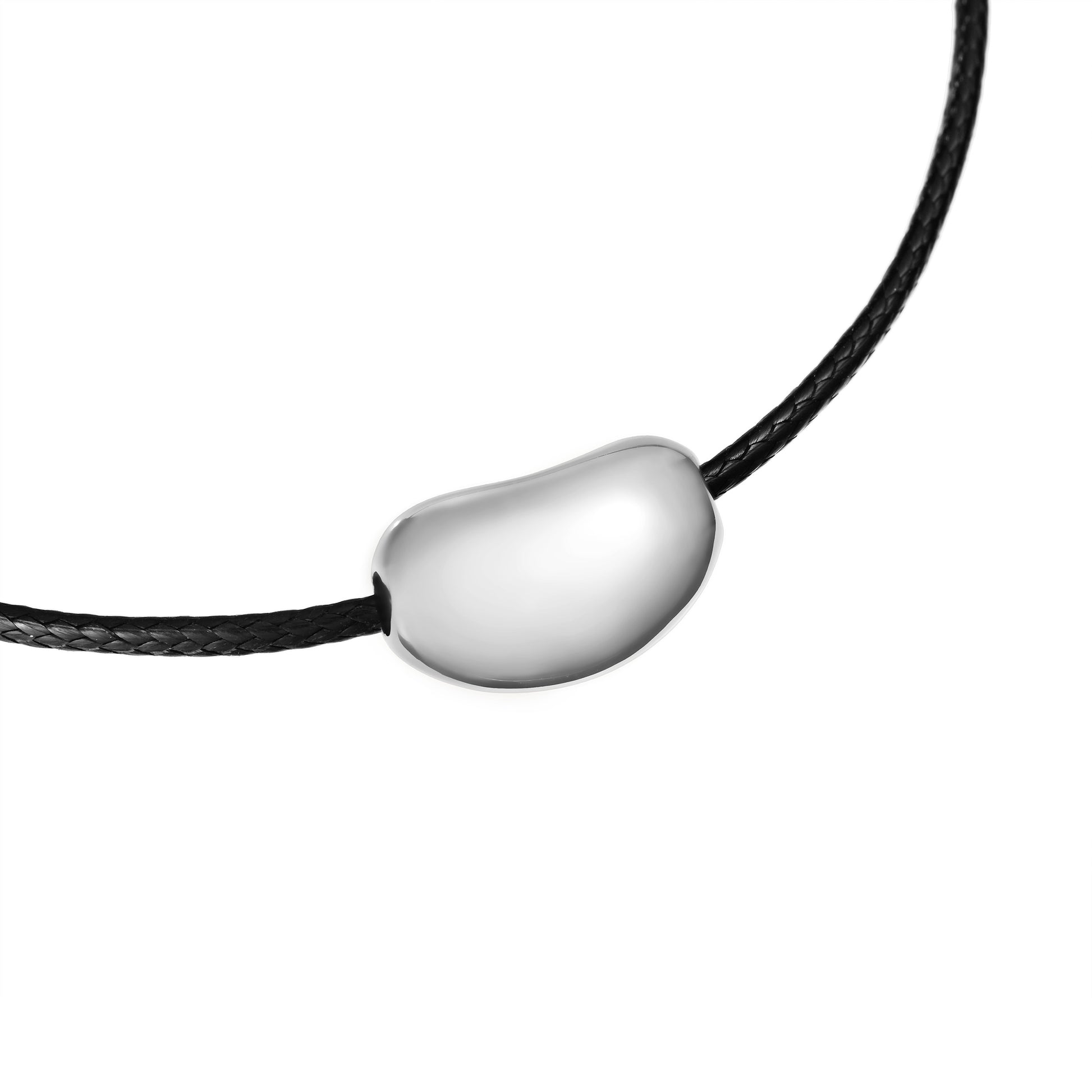 Polished stainless steel pebble pendant on adjustable waxed leather cord