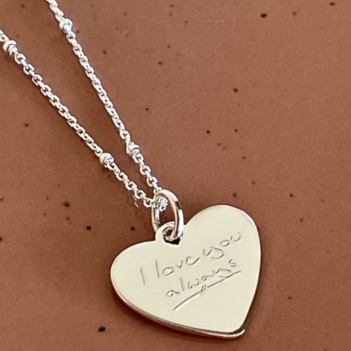 sterling silver heart necklace with handwriting "i love you always" engraved