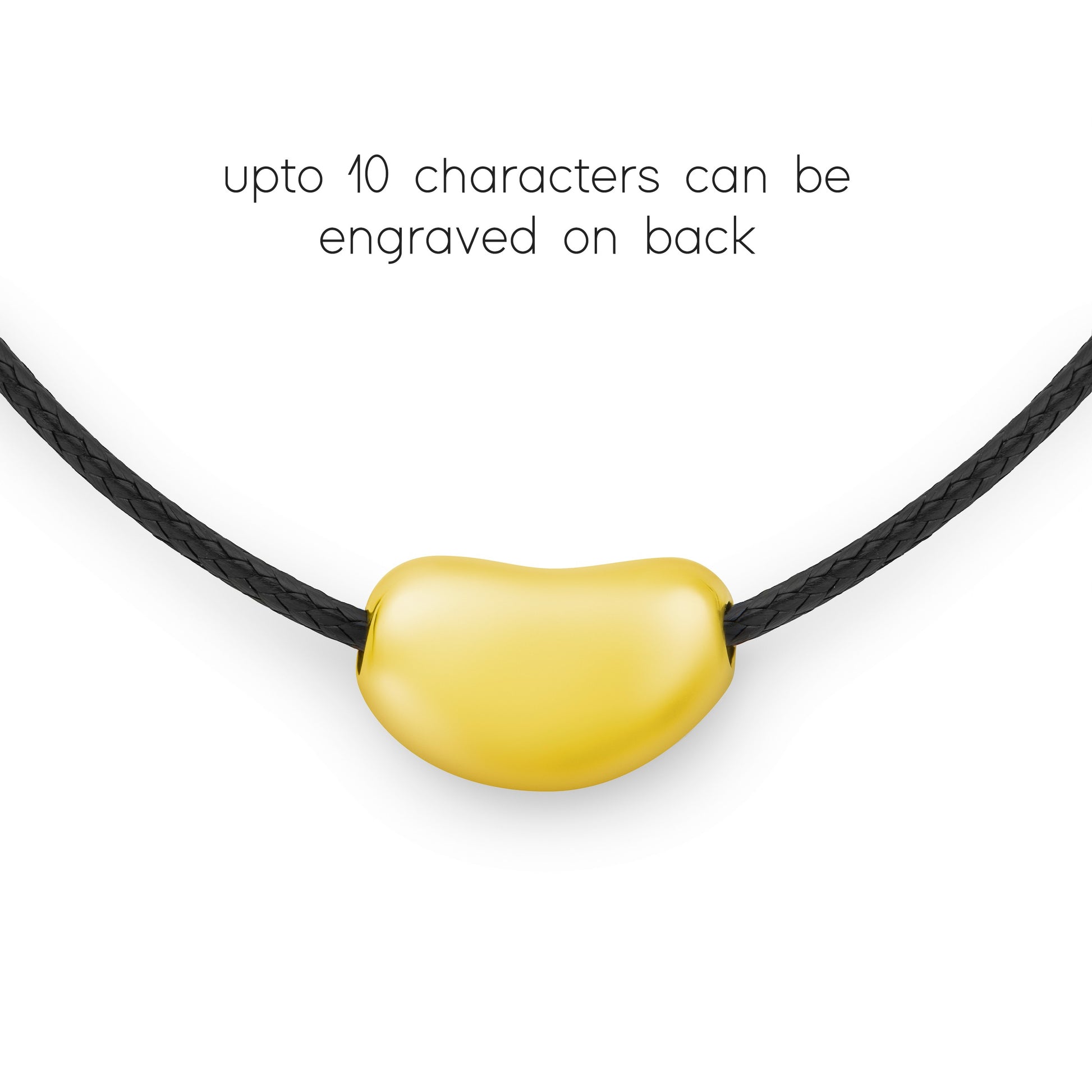 pebble Necklace with a gold pendant on a black waxed leather cord, text indicating engraving capacity of up to 10 characters of text