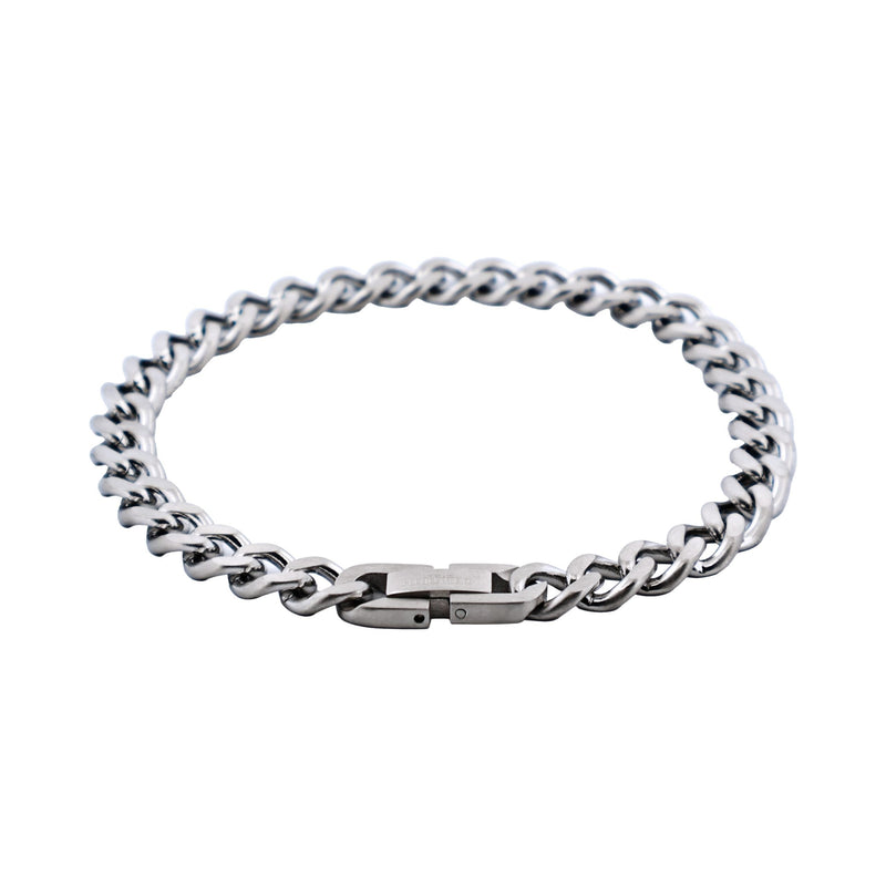 Polished stainless steel curb-link bracelet with flat interlocking design
