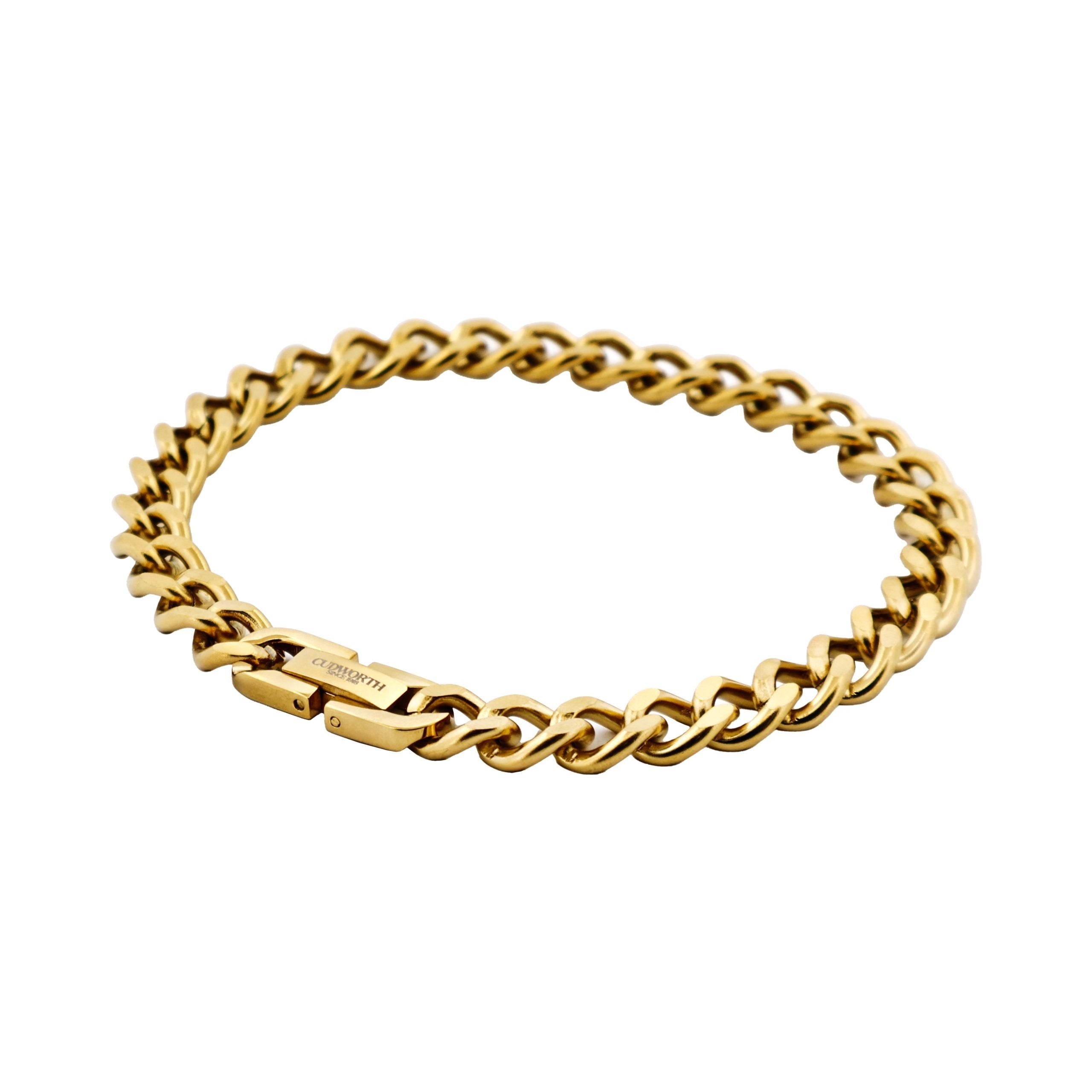 Detailed view of polished 14k gold curb-link chain bracelet with ion-plated stainless steel links
