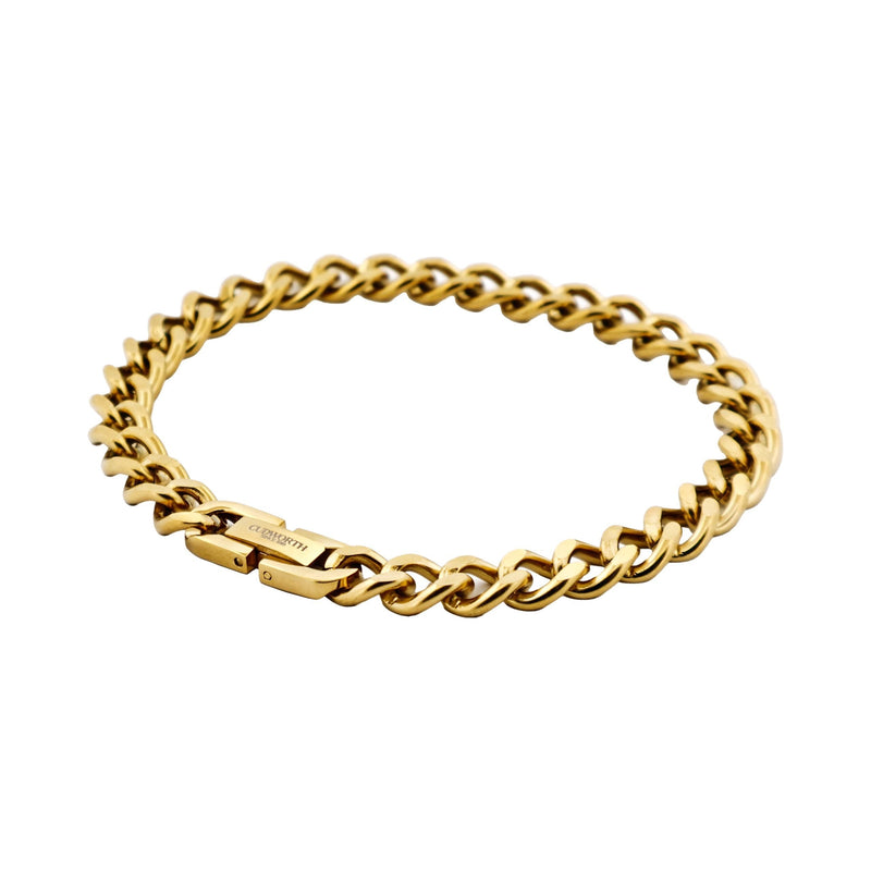 Detailed view of polished 14k gold curb-link chain bracelet with ion-plated stainless steel links