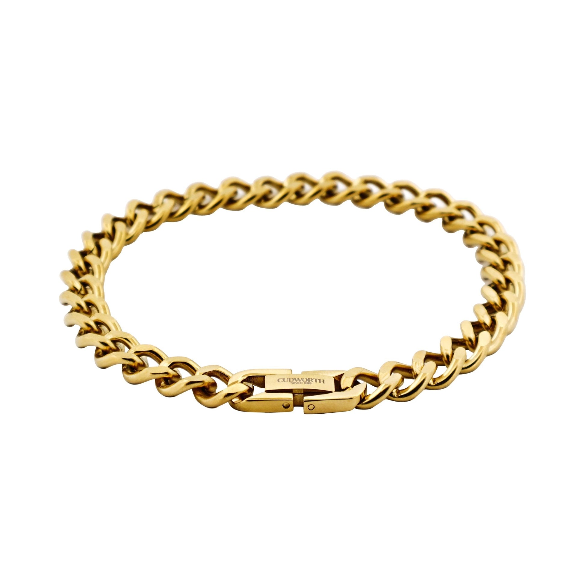Cudworth men’s 14k gold curb-link bracelet in polished stainless steel, 21.5cm length