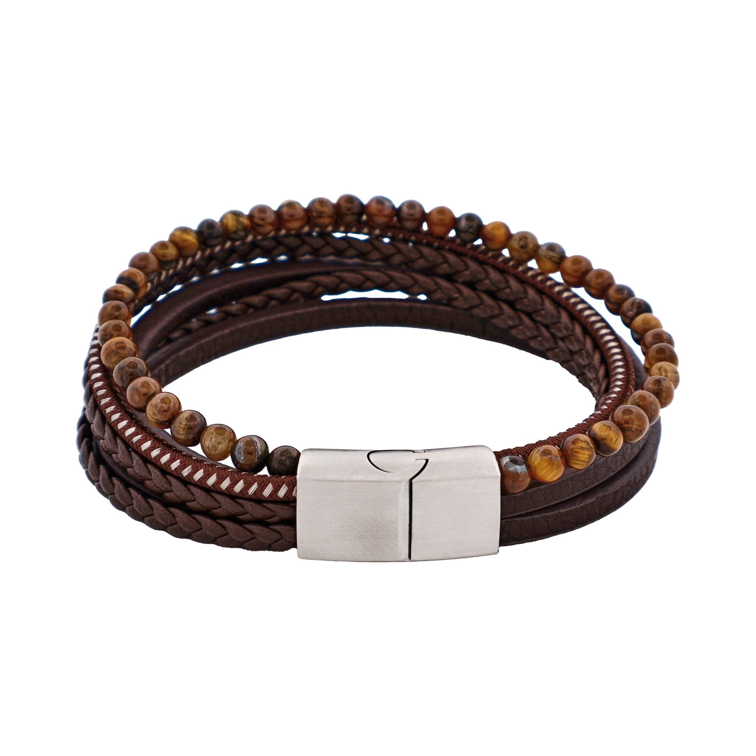 Multi-strand leather bracelet with bead detail and custom engraving option