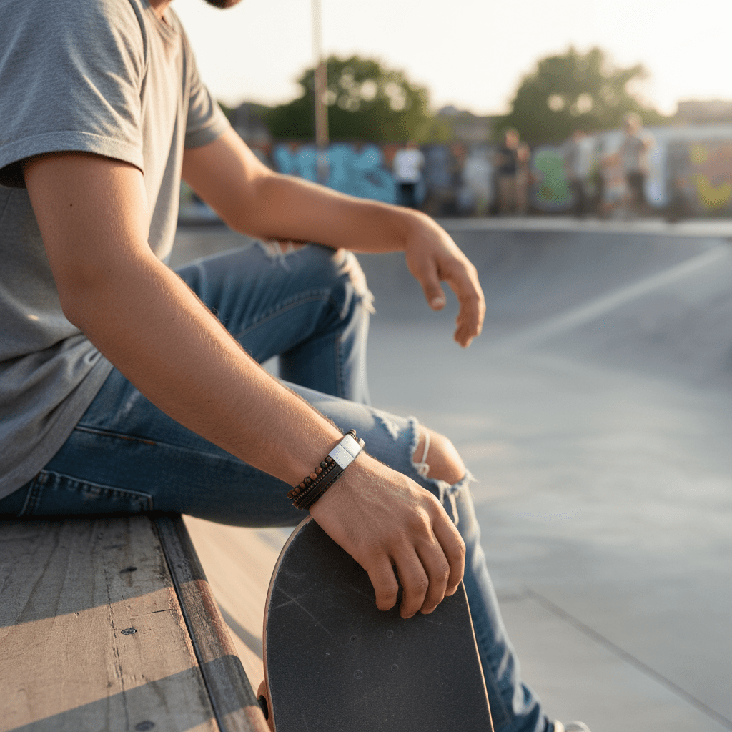 Cudworth men’s bracelet with braided leather, polished beads, and engravable stainless steel clasp