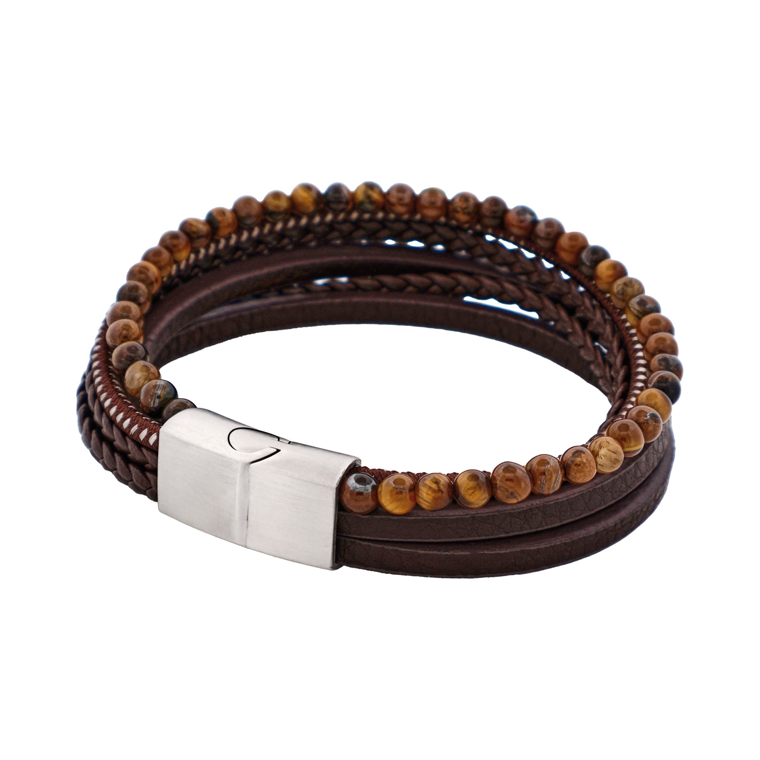 Brown leather and beaded bracelet with a silver clasp on a white background
