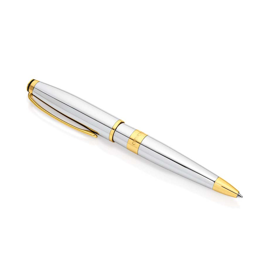 silver chrome ballpoint pen with gold plate detail that can be engraved 