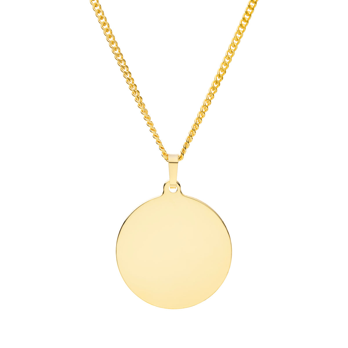 9ct Gold disc pendant 22mm wide with 9ct gold curb chain