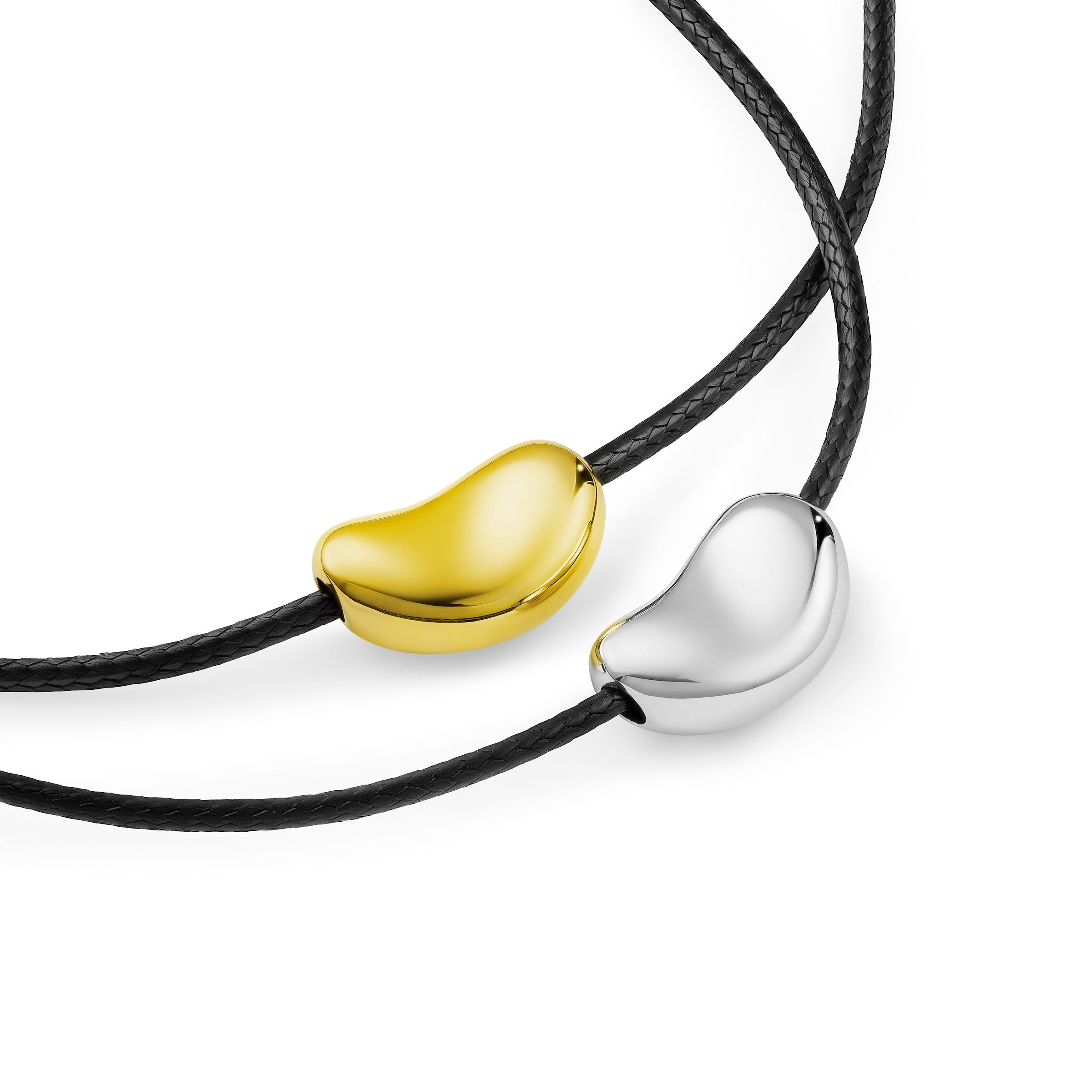 bean cord necklace, pebble cord necklace in silver and gold