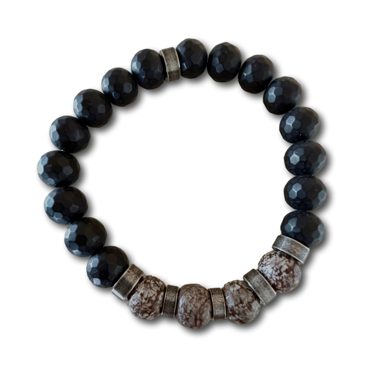 Black beaded bracelet with brown stone accents on a white background