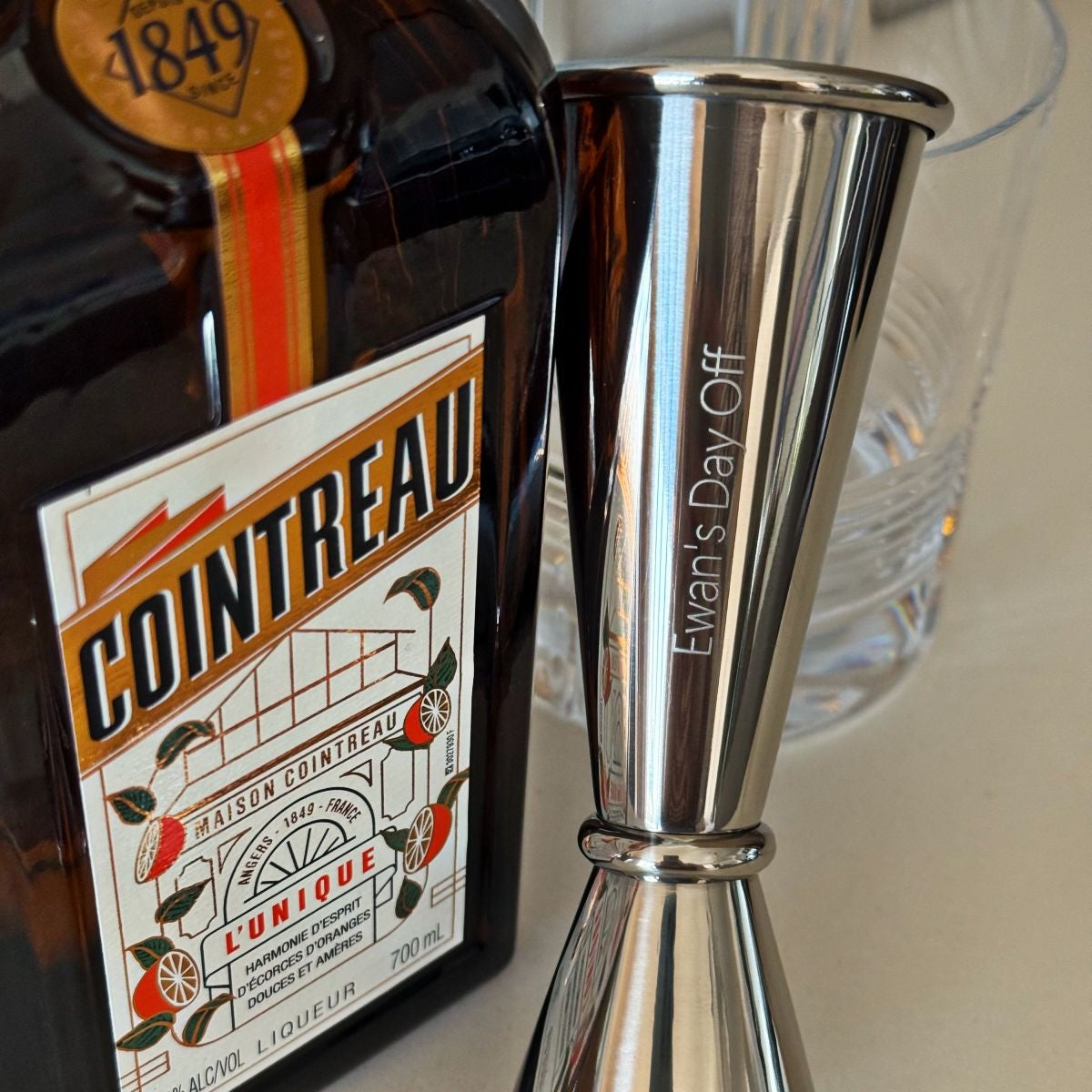 Personalised Stainless Steel Japanese Jigger engraved with words Ewan's Day Off