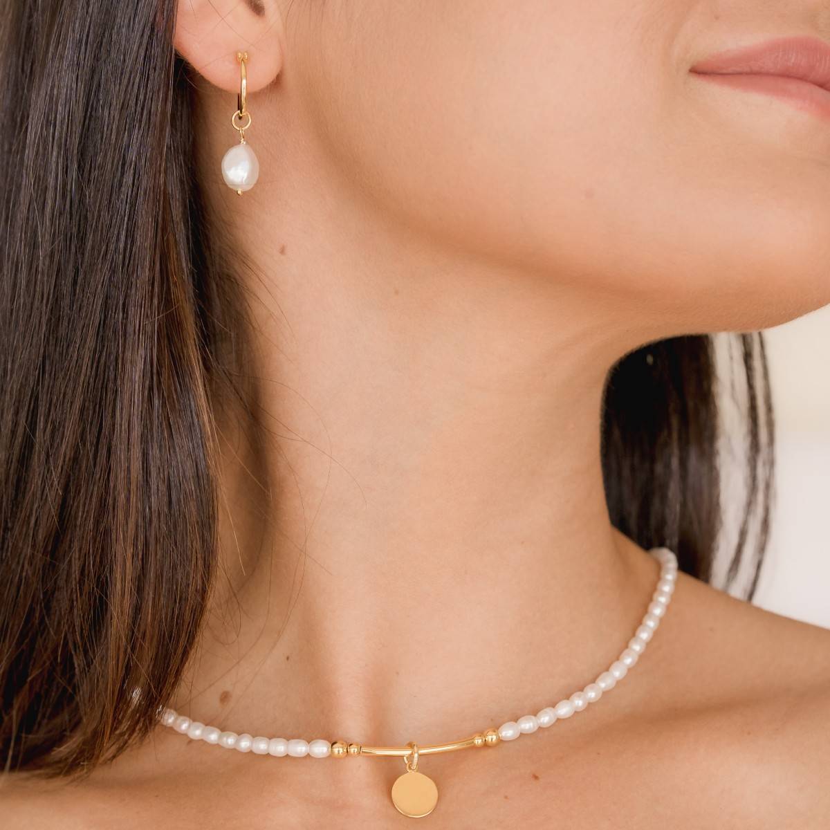 Gold Pearl Necklace + Pearl Earring