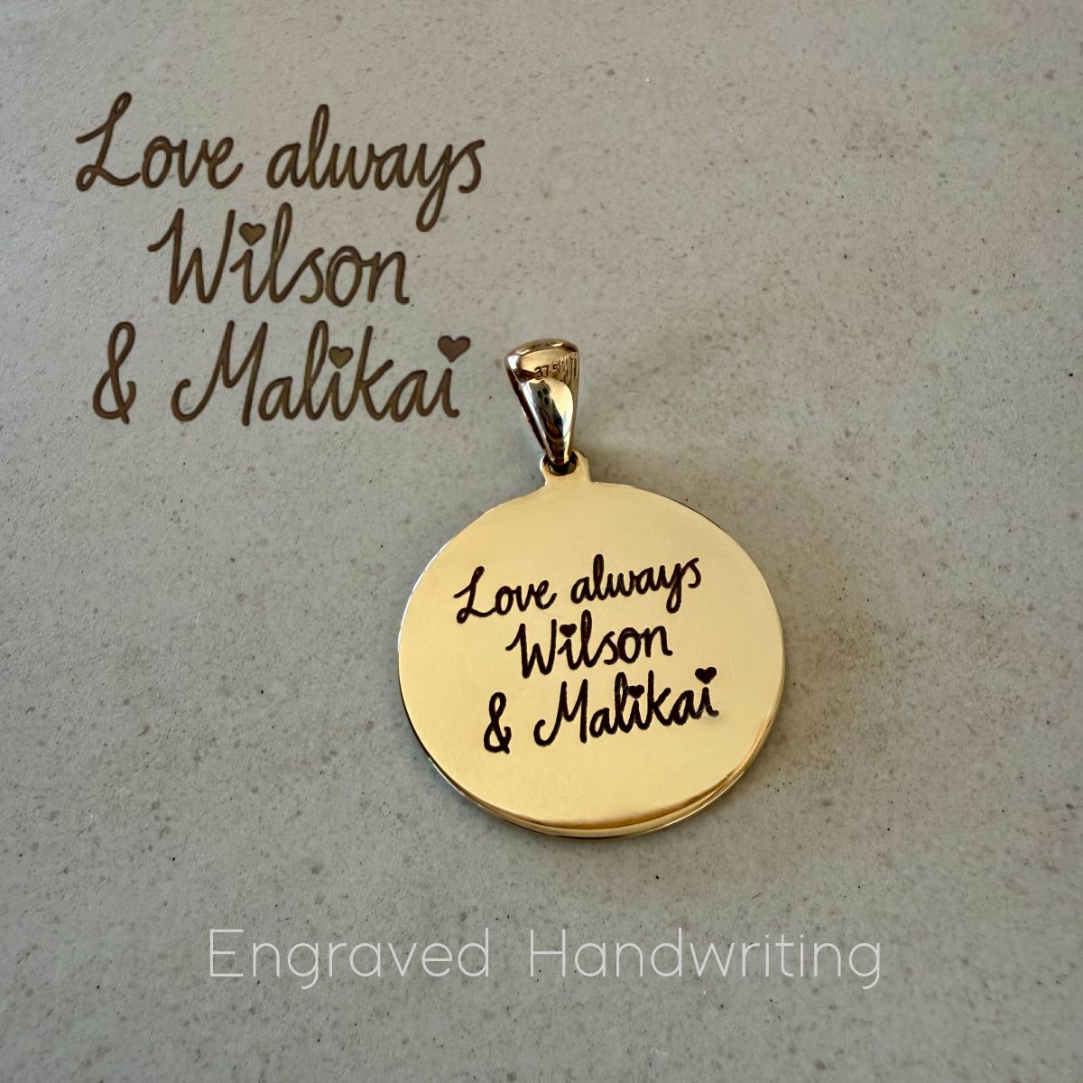 handwriting engraved on solid gold pendant 9ct 20mm disc pendant