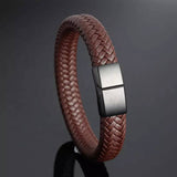 Engraved Men's Brown Braided Leather Bracelet