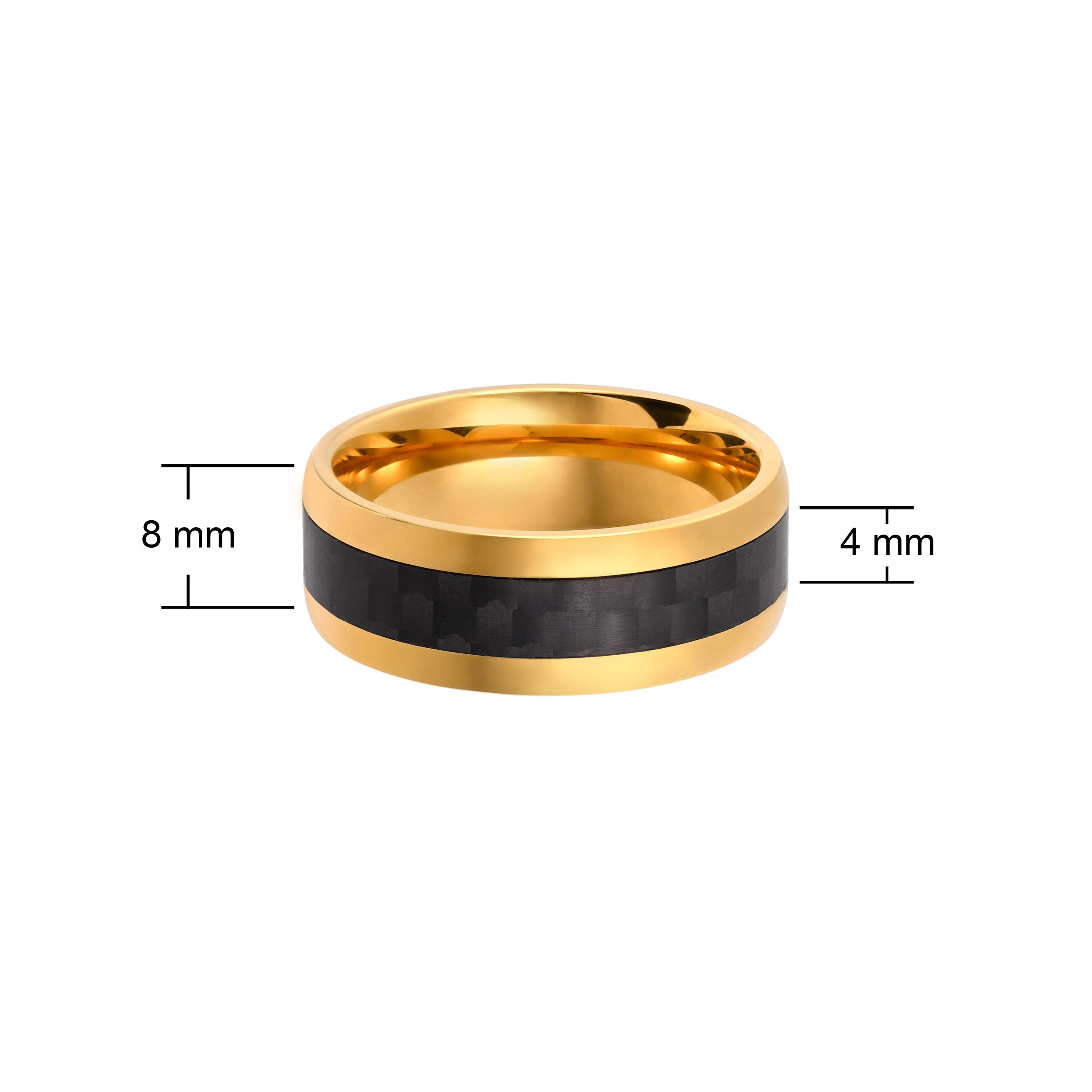Gold ring with a black carbon fiber inlay and measurements on a white background