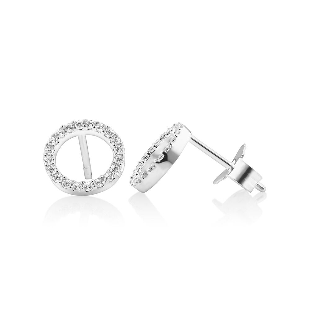 Sterling silver open circle cubic zirconia stud earrings side view