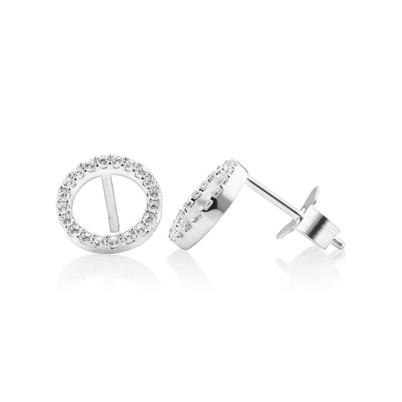 Sterling silver open circle cubic zirconia stud earrings side view