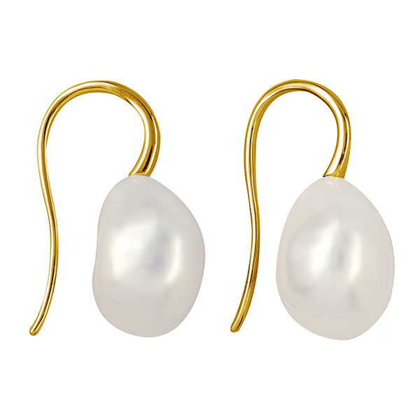 Pair of pearl earrings with gold hooks on a white background