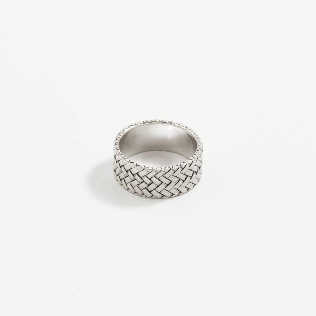 Personalise this Pearl Rhodium Plated Woven Pattern Band - Sterling Silver Jewelry