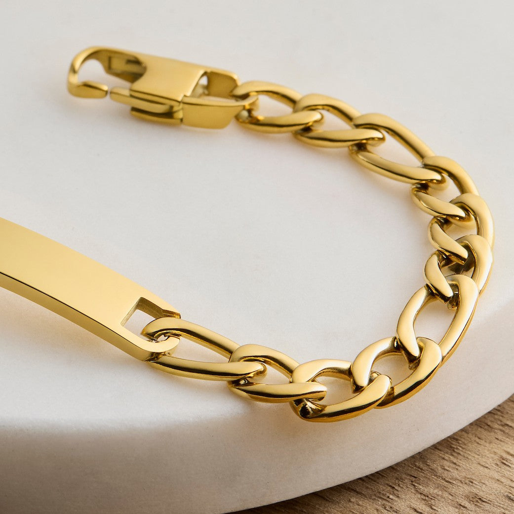 personalised figaro link bracelet with ID plate that can be engraved back or front