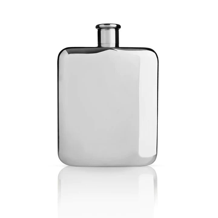 Personalised polished stainless steel Viski hip flask with liquid-tight cap, perfect for engraving.