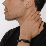 ENGRAVED MEN’S BLACK LEATHER AND BEAD BRACELET