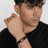 ENGRAVED MEN’S BLACK LEATHER AND BEAD BRACELET