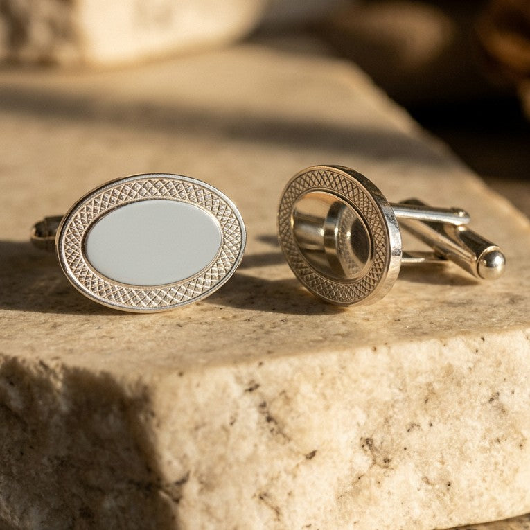 A pair of oval silver cufflinks with engraved geometric borders.