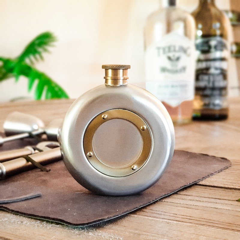 Engraved Steel and Brass Hip Flask