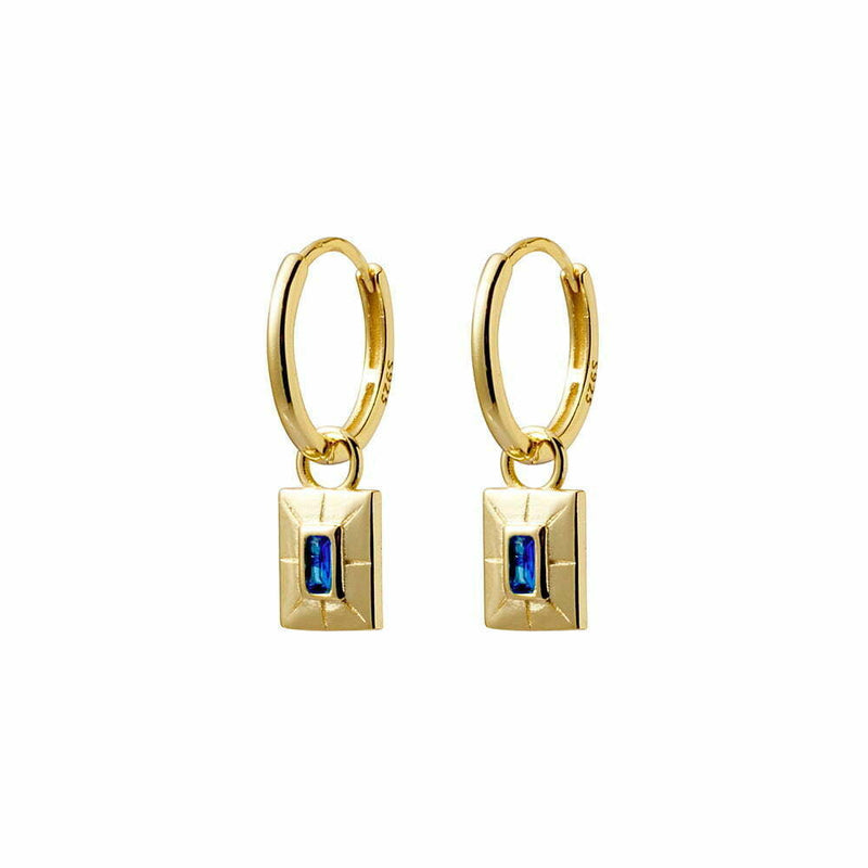 Sterling silver gold plated huggie earrings with pattern drop charm and new blue CZ