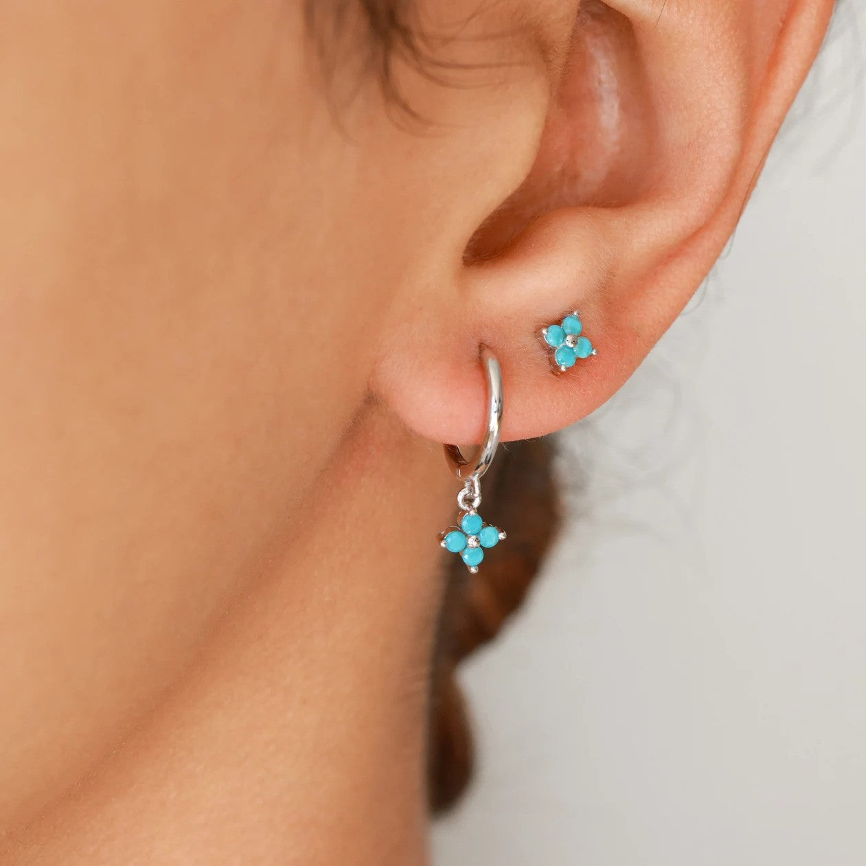 turquoise flower earring set with huggie hoop and matching stud