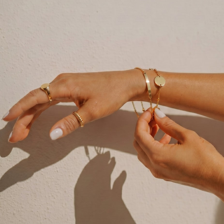 Yellow Gold Plated Bracelets Engraved. Yellow Gold Rings.
