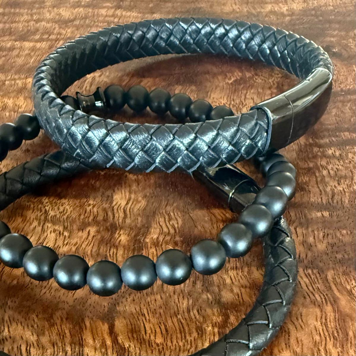 all black leather bracelet set engrave