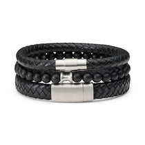 black leather bracelet set with brushed silver clasp that can be engraved
